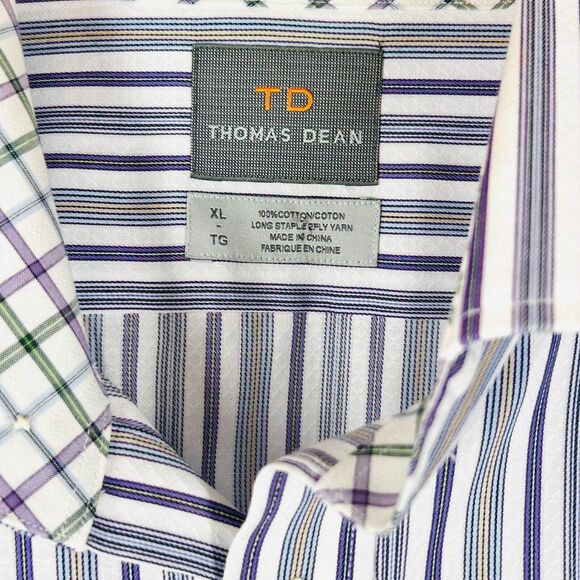 Thomas Dean Dress Shirt Size XL White Purple Grey Stripes Flip Collar Cuffs TD - Picture 8 of 8